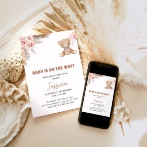 EDITABLE Teddy bear Baby Shower Invitation, Boho Baby Shower pampas grass Baby Shower Electronic Invitation Phone Templa