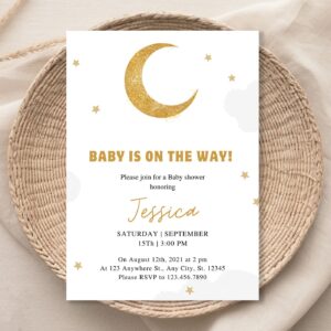 EDITABLE Over the Moon Baby Shower Invitation, Moon and Stars, Blue Twinkle Twinkle Little Star Baby Shower Invitation T
