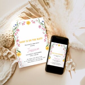 EDITABLE Wildflower Baby Shower Invitation, Boho Wildflower baby shower Electronic Invitation Phone Template 1214