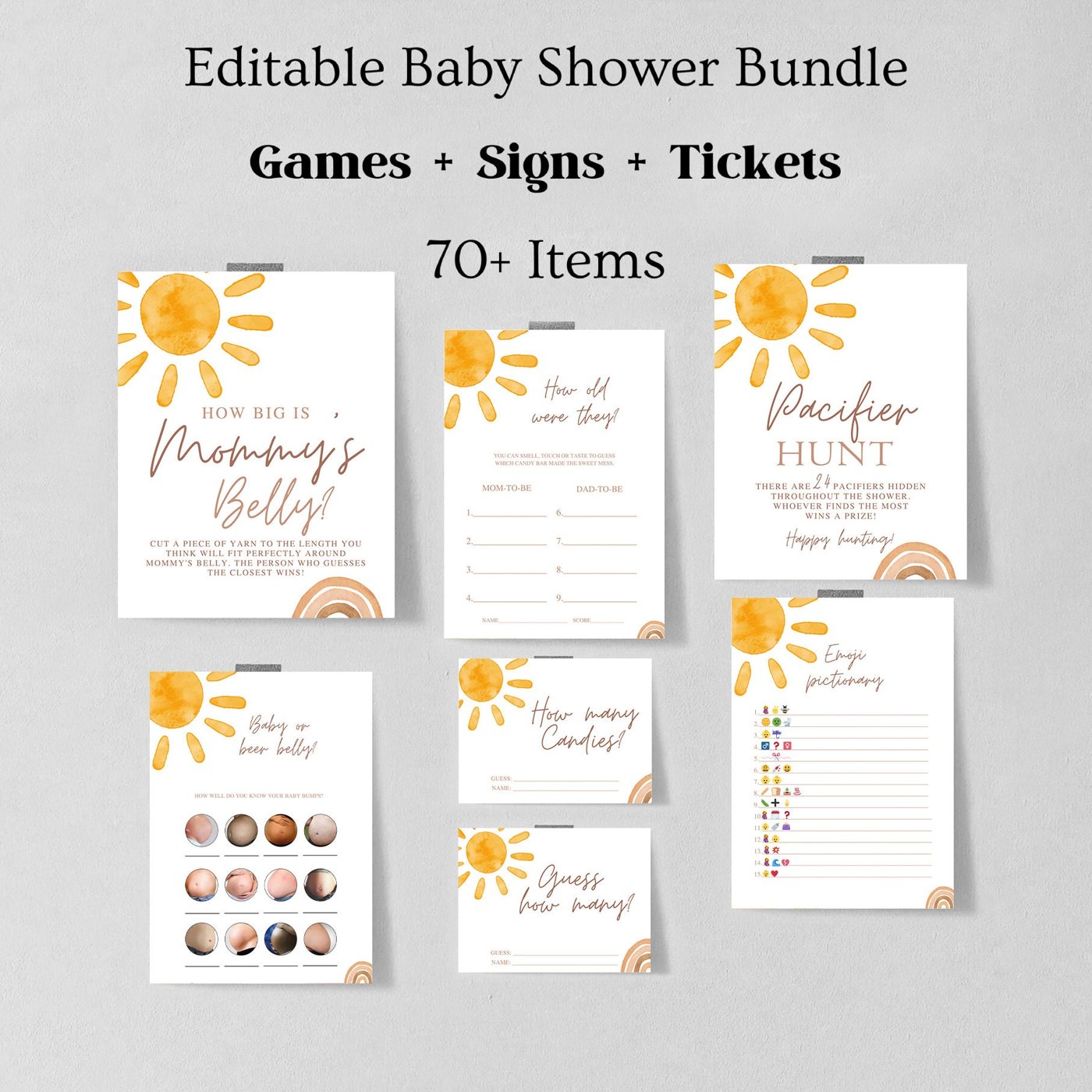 Editable Sun Baby Shower Games Bundle, Here comes the sun baby shower games template, Boho Sunshine Baby Shower Games 12