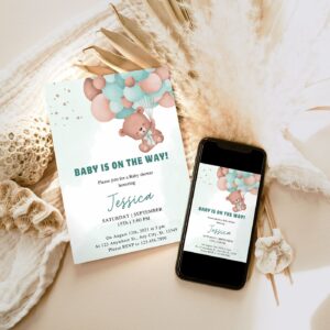 EDITABLE Teddy Bear Baby Shower Invitation, Green balloon baby shower Electronic Invitation Phone Template 1240
