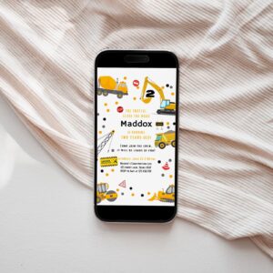 Editable Construction Birthday Electronic Invitation Yellow Dump Truck Invite Digger Party Boy Digital Mobile invitation