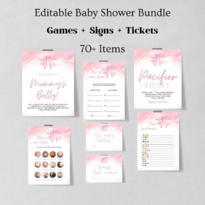 EDITABLE Pink Bow Games Baby Shower Games Bundle, Minimalist Baby Shower Pink Watercolor Ribbon Blush Pink 60 Game Pack