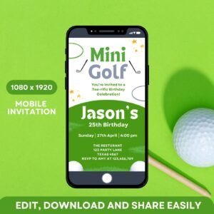 Golf Birthday Editable Mobile Invitation Template, Let’s Par-Tee Theme for Boys, Kids Sports Party Design, Mini Golf Tou