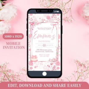 Editable Vintage Pink Bow Birthday Mobile Invitation – Floral Toile Design for Girls – Coquette Style Cake Party Canva T