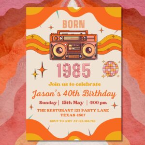 Editable Vintage 1985 Invitation Template, Birth Year Party Design, 40th Birthday Decorations in White and Gold, Back in