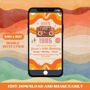 Editable Vintage 1985 Mobile Invitation Template, Birth Party Design, 40th Birthday Decorations in White and Gold, Back