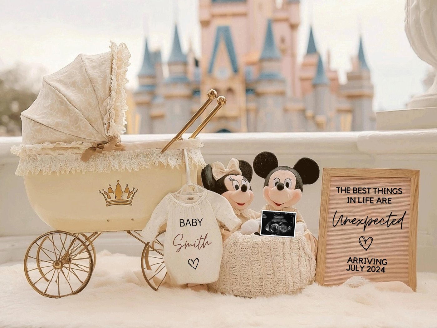Whimsical Pregnancy Reveal – Editable Digital Template Featuring Mikey & Mini, Gender-Neutral Design with Magic Castle