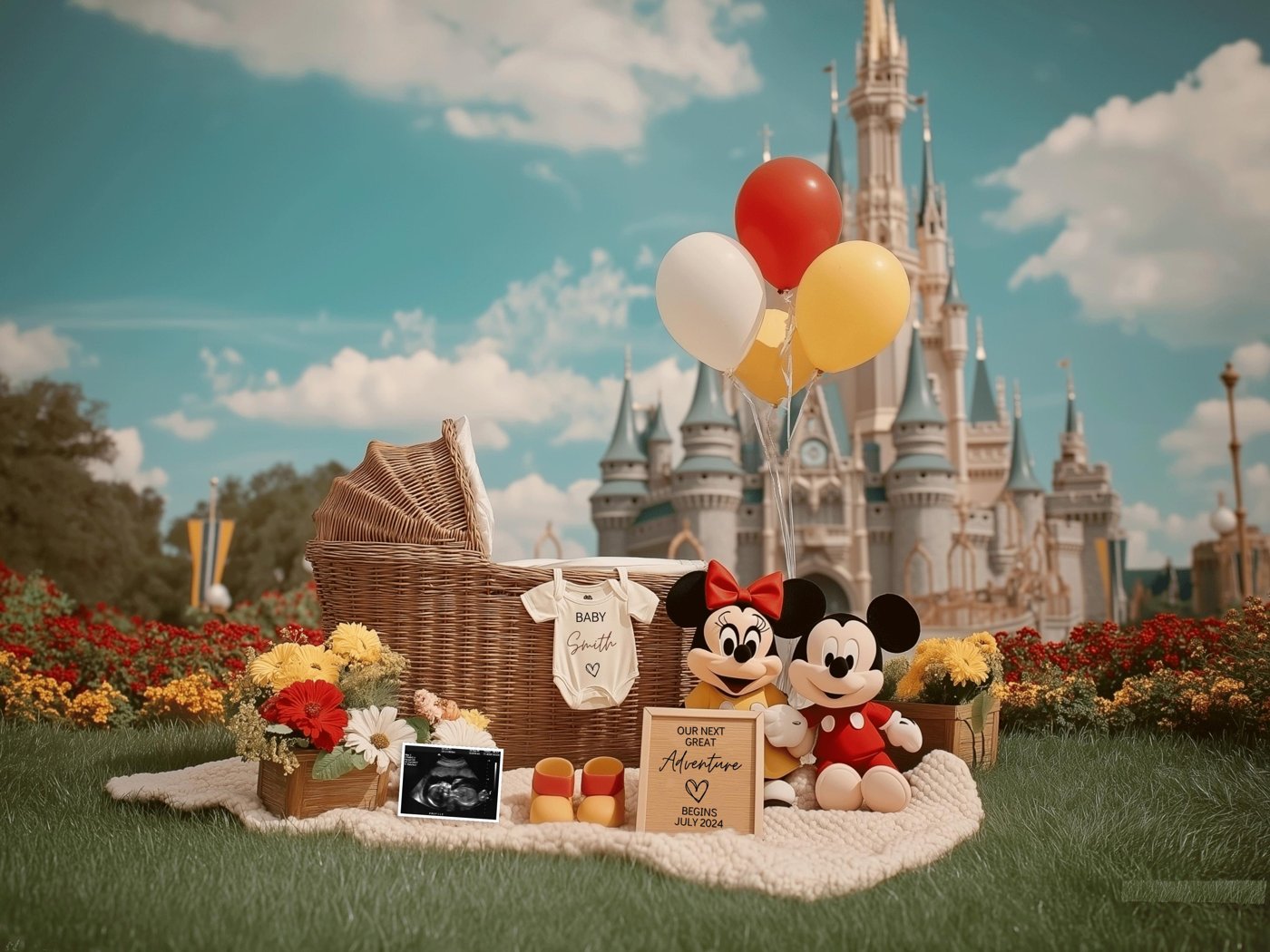 Mikey & Mini Pregnancy Reveal – Editable Digital Template, Whimsical Gender-Neutral Design with Magic Castle