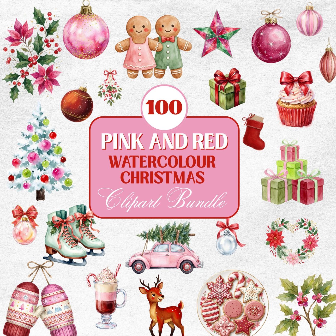 100 High-Quality Vintage Christmas Clipart Bundle, Printable Kitsch Holiday Winter Red and Pink POD, Retro Xmas Images P