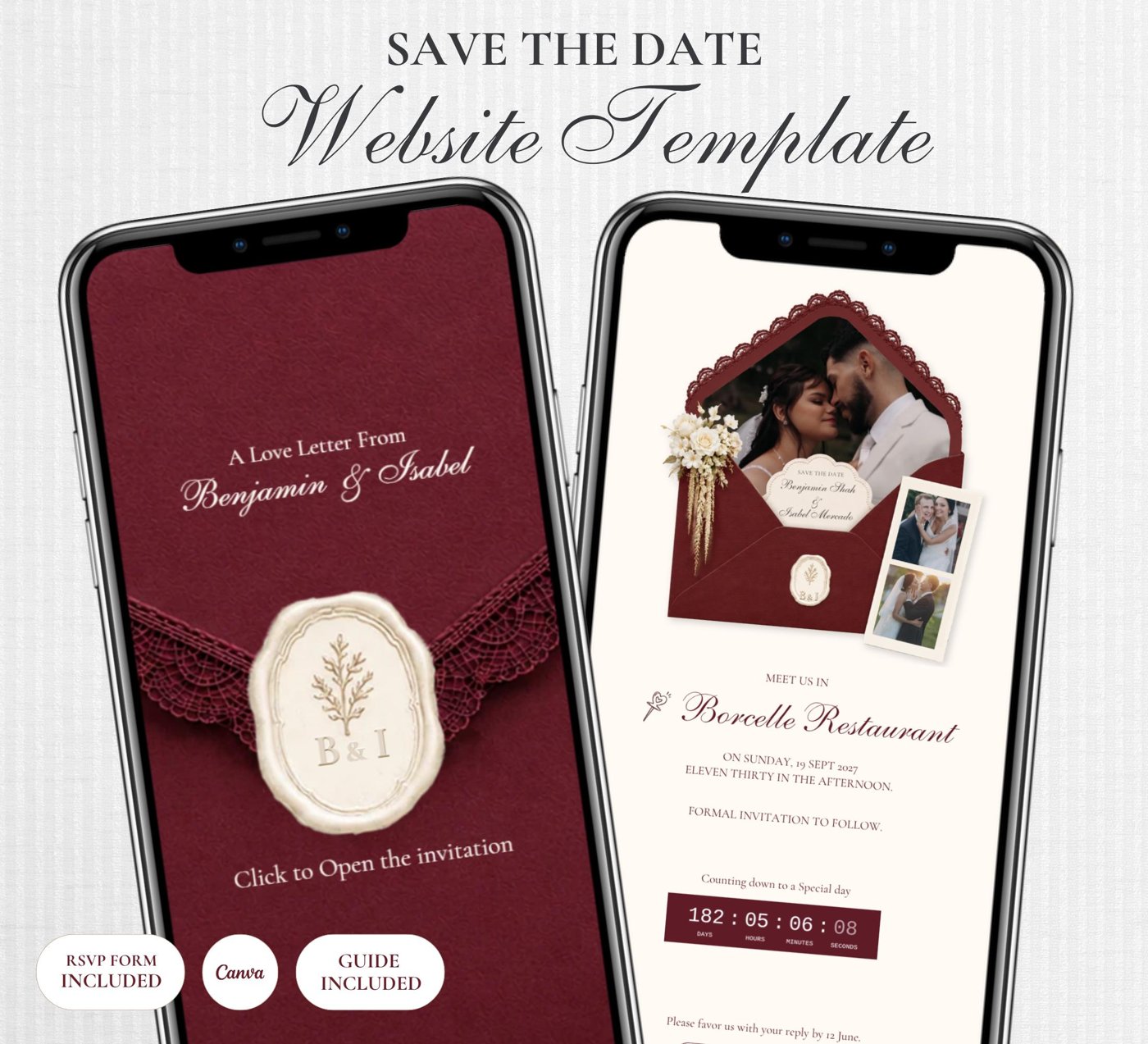 Save the Date Website Template | Elegant Burgundy Save the Date | Digital Wedding Invitation with RSVP | Instant Digital