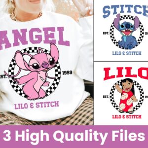 3 Stich Checkered Png, Multi character PNG, checkered Png, Stich, Blue Alien cartoon, blue animal, family trip matching