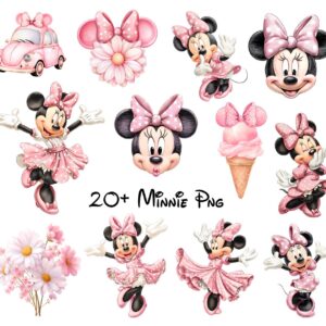 20+ Minnie Mouse Pink Watercolor Cute Digital Kit, Digital Kit, Watercolor Clipart for Children, PNG 300 DPI, Baby Min