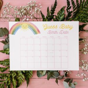 Editable Sunshine Rainbow Baby Shower Due Date Calendar, Guess Birth Date, Pastel Rainbow Little Ray of Sunshine Shower
