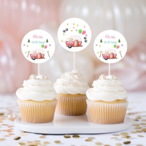 Editable Happy Camper Birthday Party Simple Cake Topper Yellow Girl Pink Camping Party Pink Camper Glamping Party Cupcak