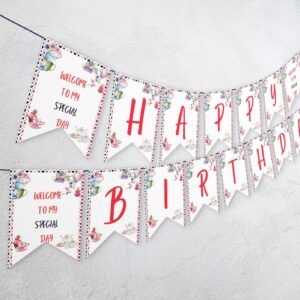 Editable Alice in Wonderland Birthday Banner, Mad Tea Birthday Party Celebration banner Decoration 1248