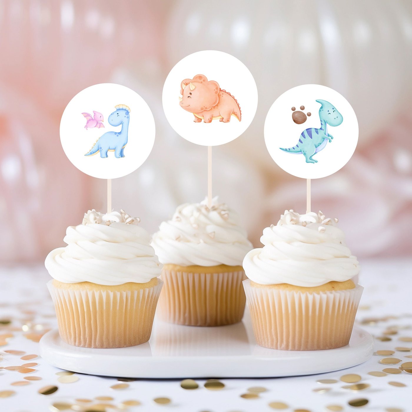 Editable Pastel Baby Dinosaur Birthday Party Cake Topper, Stomp Chomp Roar RAWR Cupcake Topper cake decor 1250