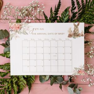 Editable Pink Pampas Grass Girl Bunny Rabbit Baby Shower Due Date Calendar, Guess Birth Date, Guess Baby Birthday Calend