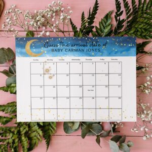 Editable We are over the Moon Baby Shower Due Date Calendar, Guess Birth Date, Blue Twinkle Star Baby Birthday Calendar,
