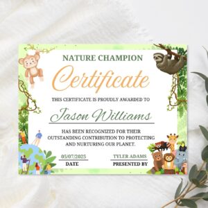 Nature Champion Certificate – Printable Award Template – Fun Achievement Certificate for Children – Customizable Design