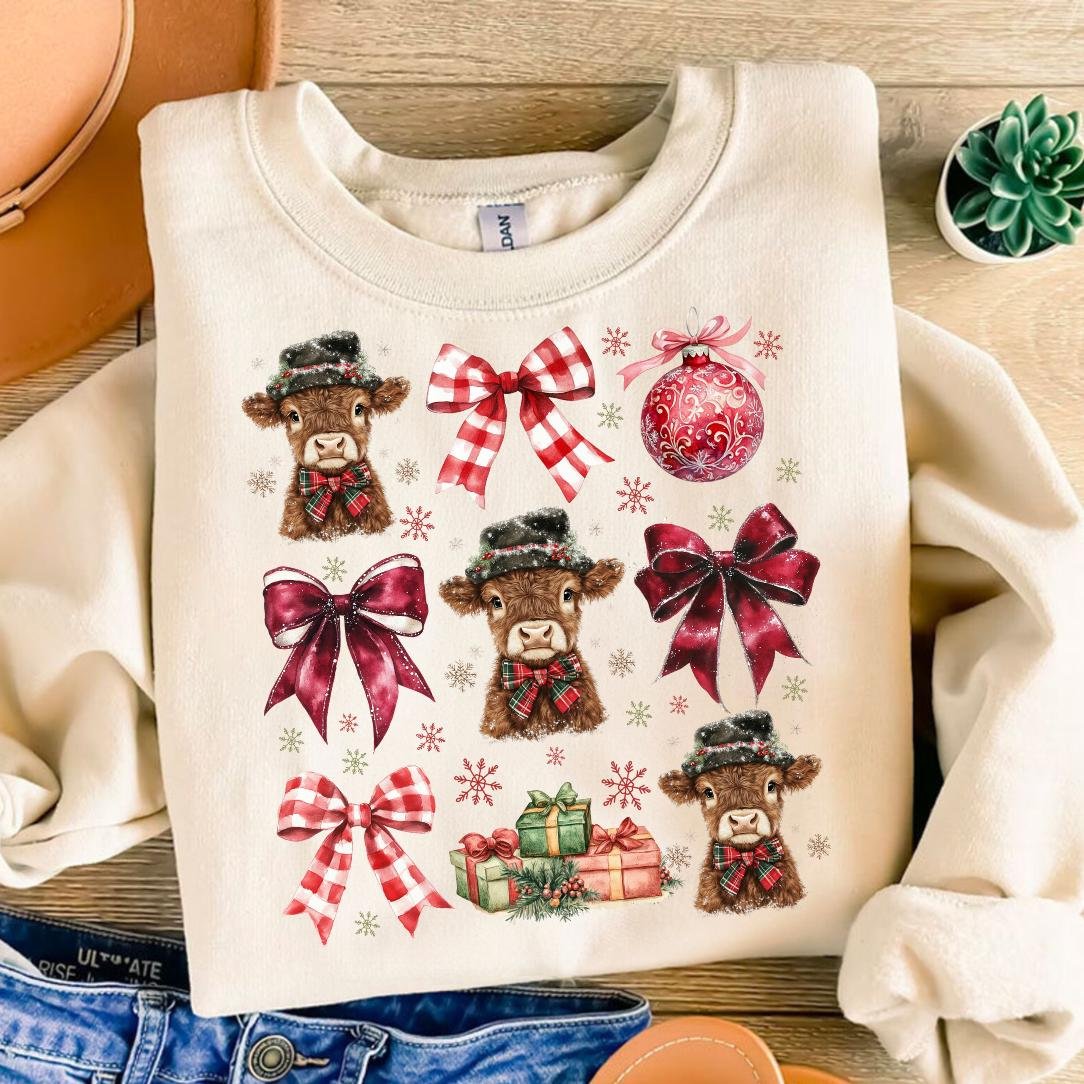 Coquette Christmas Highland Cow png, Western Christmas png, Coquette png, Aesthetic Christmas png, Highland Cow png, Mer