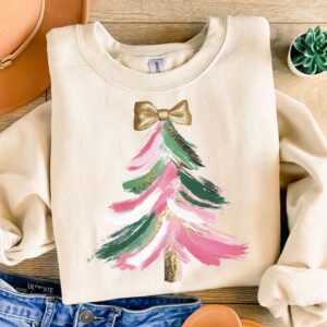 Colorful Christmas Tree PNG Hand drawn doodle Png Gold Festive Ornament Art Holiday Projects Brush strokes Coquette Pink