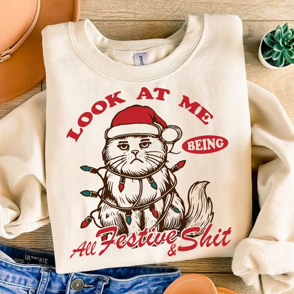 Look at me being all Festive, Grumpy Cat Christmas, Lights Cat SVG PNG Shirt Sublimation File Retro Trendy Funny Sarcast