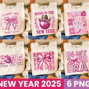 New Year 2025 Coquette Bow PNG Bundle Happy New Year 2025 Era Retro Disco Ball Trendy Shirt Designs Sublimation, new yea