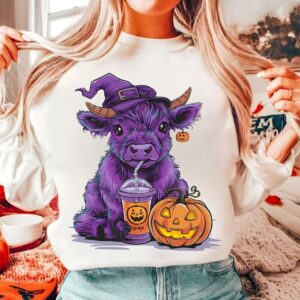 Retro Spooky Witch Highland cow Png, Cow Halloween png, Girly Halloween png, Spooky Season , Halloween Vibes Png, Aesthe