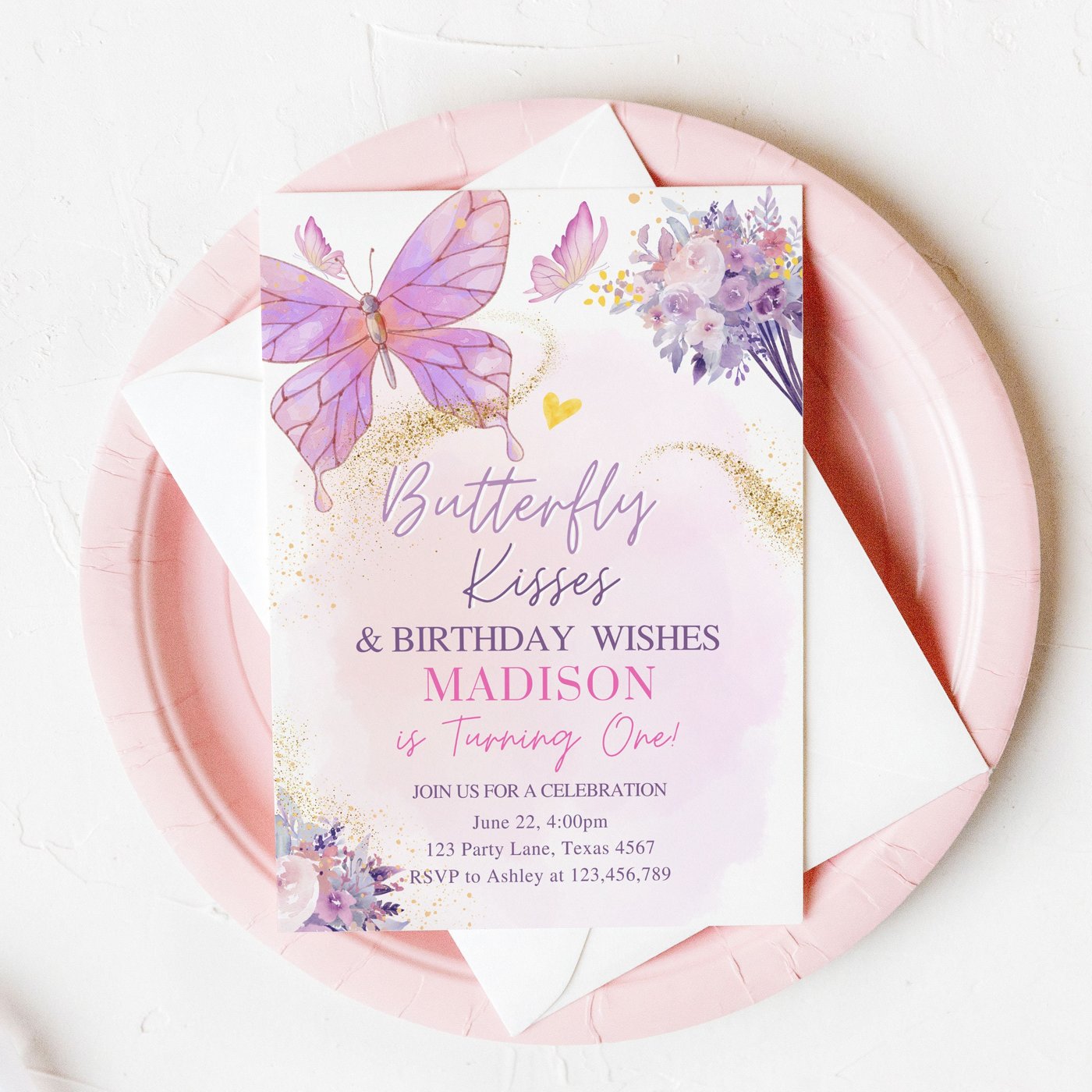 Editable Butterfly Birthday Invitation Girl Butterfly Kisses Invite 1st Birthday Party Floral Pink Download Printable Te