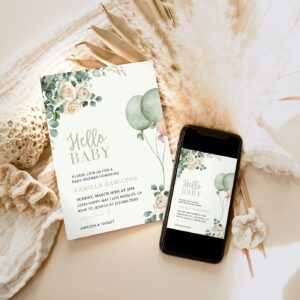 Sage Green Baby Shower Invitation Sage Balloons Gender Neutral Baby Shower Greenery Floral Electronic Invitation Phone T
