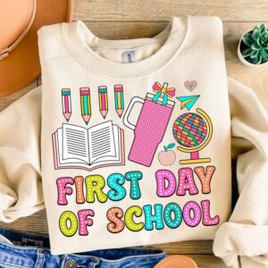 Retro First day of school png, First Day Of School Teacher Bright Doodles, Retro Back To School Png