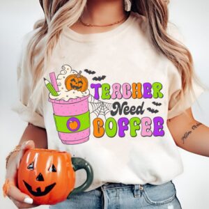 Retro Teacher needs coffee Png, Halloween Teacher Gift Sublimation, Halloween school, Funny Teacher Shirt Png, spooky ap