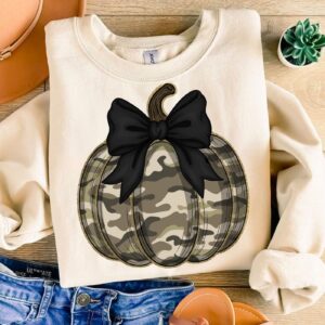 Camoflauge Pumpkin with Bow Shirt, , red balloon Halloween png, Girly Halloween png, Spooky Season Png, Halloween Vibes