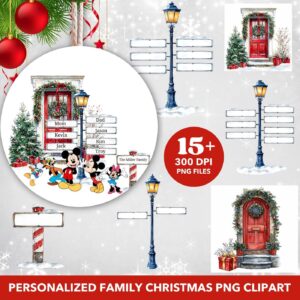 Personalized Mikey mouse Family Christmas PNG Clipart, Street Lamp, Bollard, Directional Sign, Watercolor Design for Orn