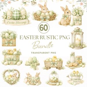 60 Rustic Easter Clipart Bundle, Bunny, Wreath, Lamb, Chick PNG, Sage Green Watercolor Easter Egg