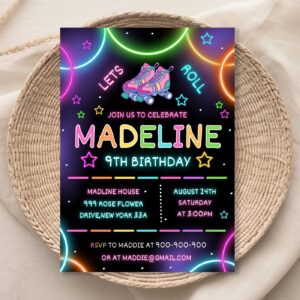 Skate Party Birthday Invitation, Roller Skating, Party Invitation, girl, boy, Retro Neon Lights, Editable Canva Template