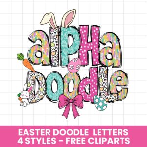 Easter Day Alphabet Letters PNG Bundle, Hand Drawn Doodle, Sublimation Alpha Set Designs PNG, Easter Clipart png, Bunny