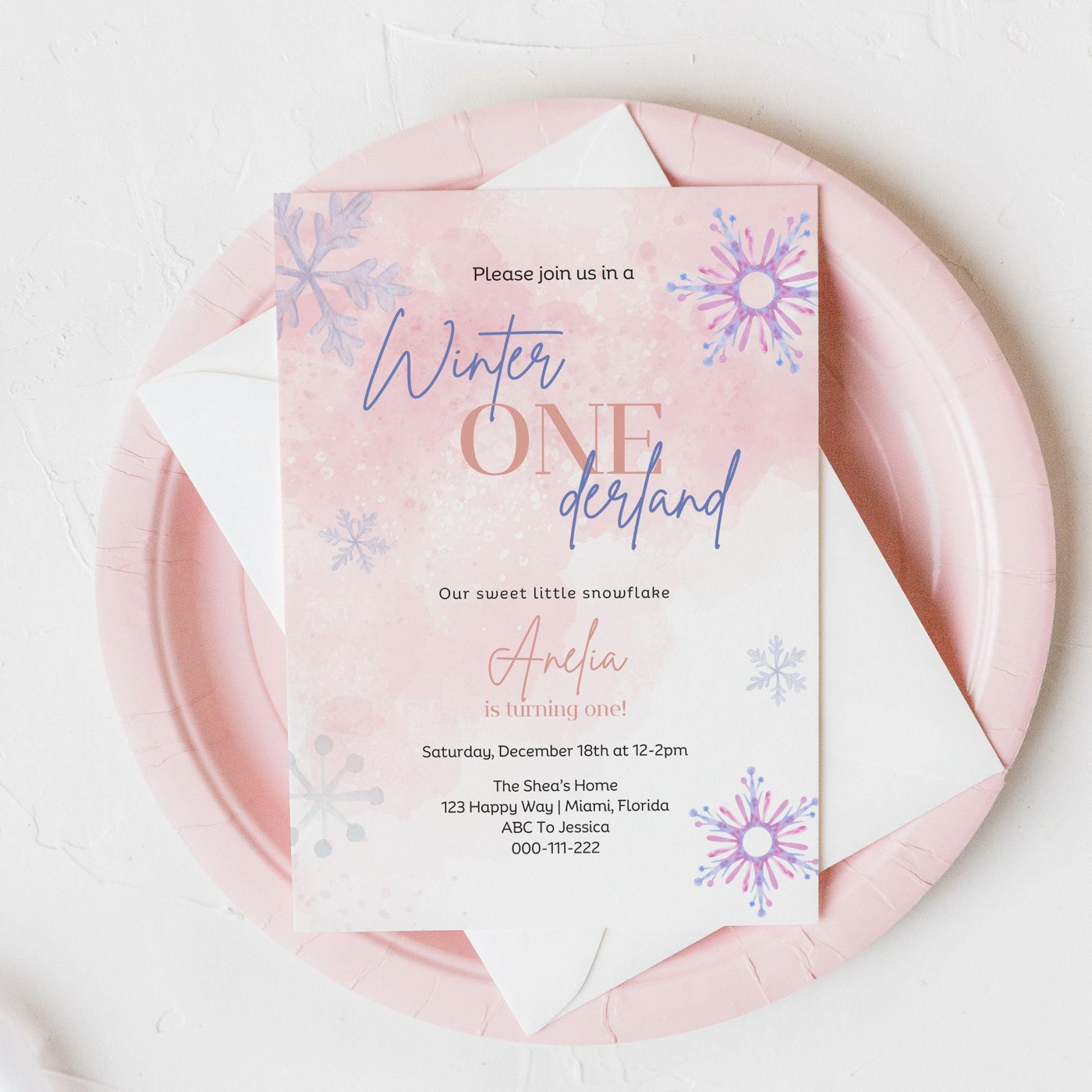 Winter Birthday Invite Template | Winter Wonderland Birthday Invitation | Snowflake Winter Onederland | Pink Boho Winter