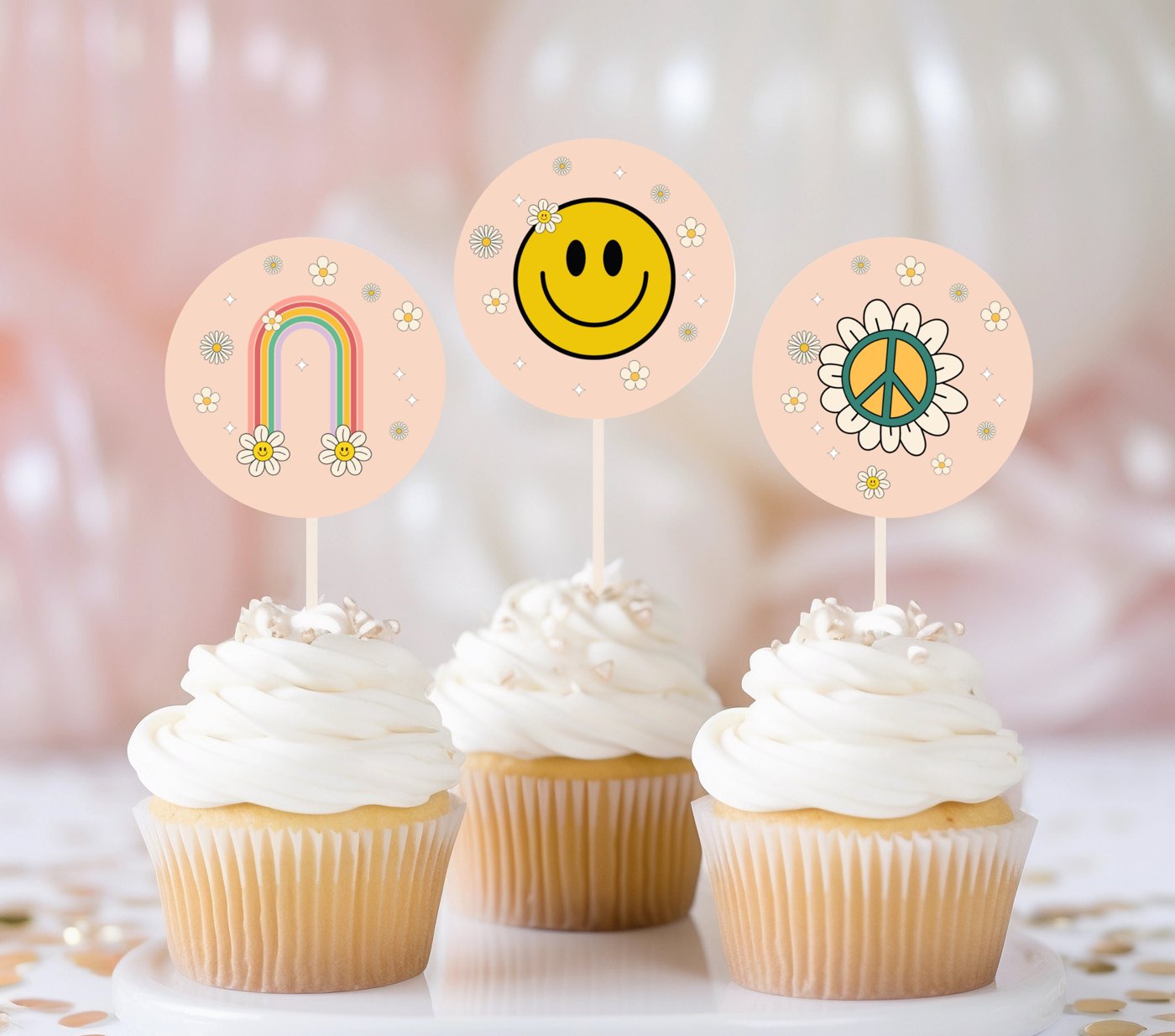 Groovy Birthday Cupcake Toppers Favor Tags Retro Birthday Party Decor Flower Power Groovy One Two 1st Download Digital P