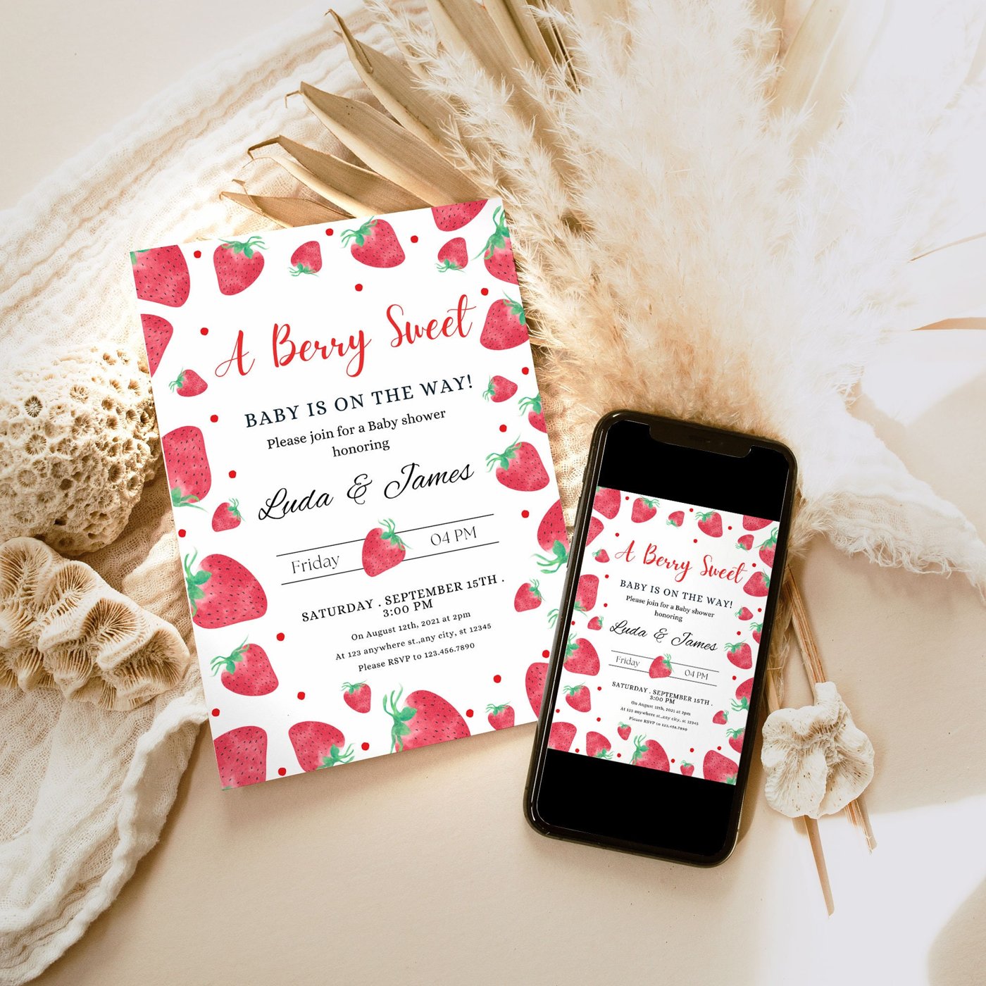 Strawberry Baby Shower Invitation Baby Boy Red Strawberry Baby Shower Electronic Invitation Phone Template Digital 1160