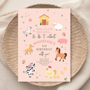 Editable Farm Birthday Invitation Girl Farm Animals Pink Barnyard Party Modern Pastel Download Printable Invite Template