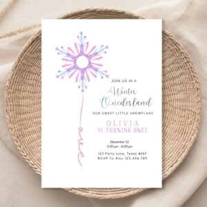 Editable Winter ONEderland Birthday Invitation First Birthday 1st Girl Pink Purple Snowflake Watercolor Minimalist Corjl