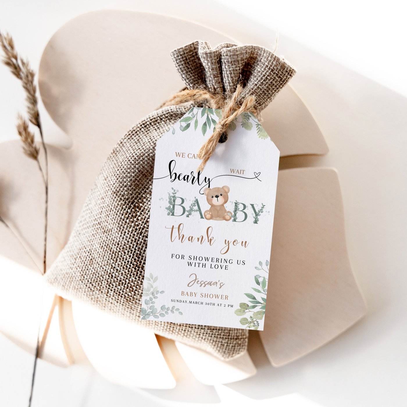 Greenery Gold We Can Bearly Wait Baby Shower Favor Tags, Teddy bear baby shower Favor Tags template, Gender neutral baby
