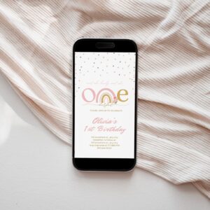 Editable Rainbow Birthday Invitation Template Boho Rainbow Birthday Girl 1st Birthday Boho Floral Electronic Phone Templ
