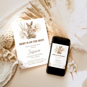 EDITABLE Bunny Baby Shower Invitation, Woodland Rabbit baby shower Electronic Invitation Phone Template 1239