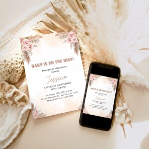 EDITABLE Pink Pampas Grass Boho Baby Shower Invitation, Girl Boho Minimalist Baby Shower Electronic Invitation Phone Tem