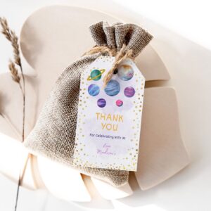 Editable Two The Moon Space Birthday Party Favor Tags Pink Gold Girl Galaxy Planets Outer Space Party Rocket Ship Gift T