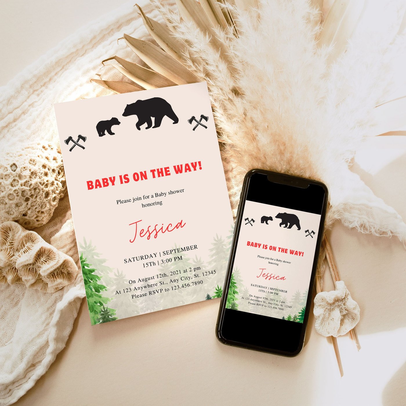 EDITABLE Lumberjack Baby Shower Invitation, Red and Black Buffalo Plaids Baby Shower Electronic Invitation Phone Templat