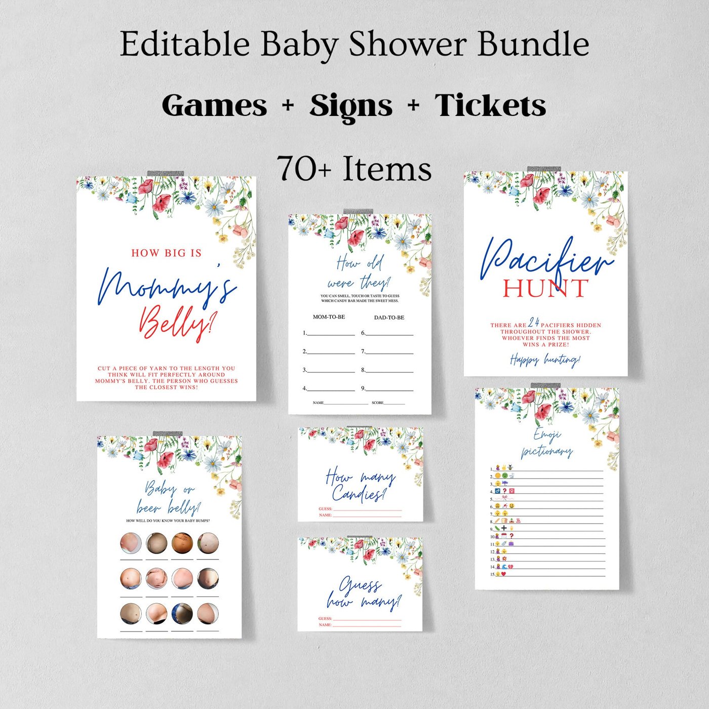 Wildflower Baby Shower Games Bundle, Boho Baby shower Games printable, Wildflower baby shower signs, Floral baby shower